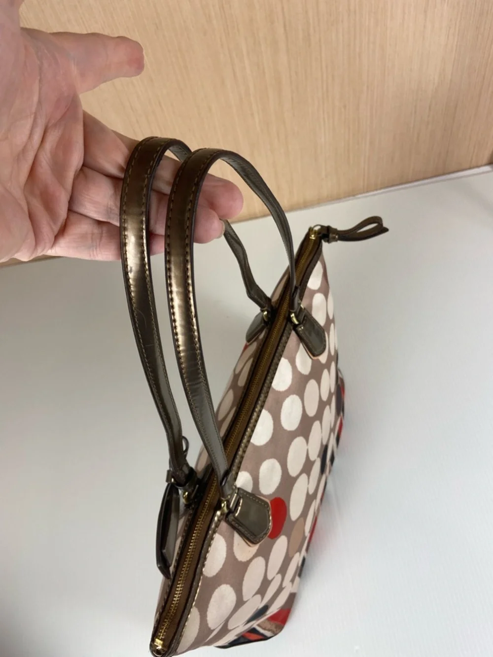 Coach Polka Dot Stripe Tote Satin Scarf Print Leather Trim Red Lining Rare - Picture 9 of 16